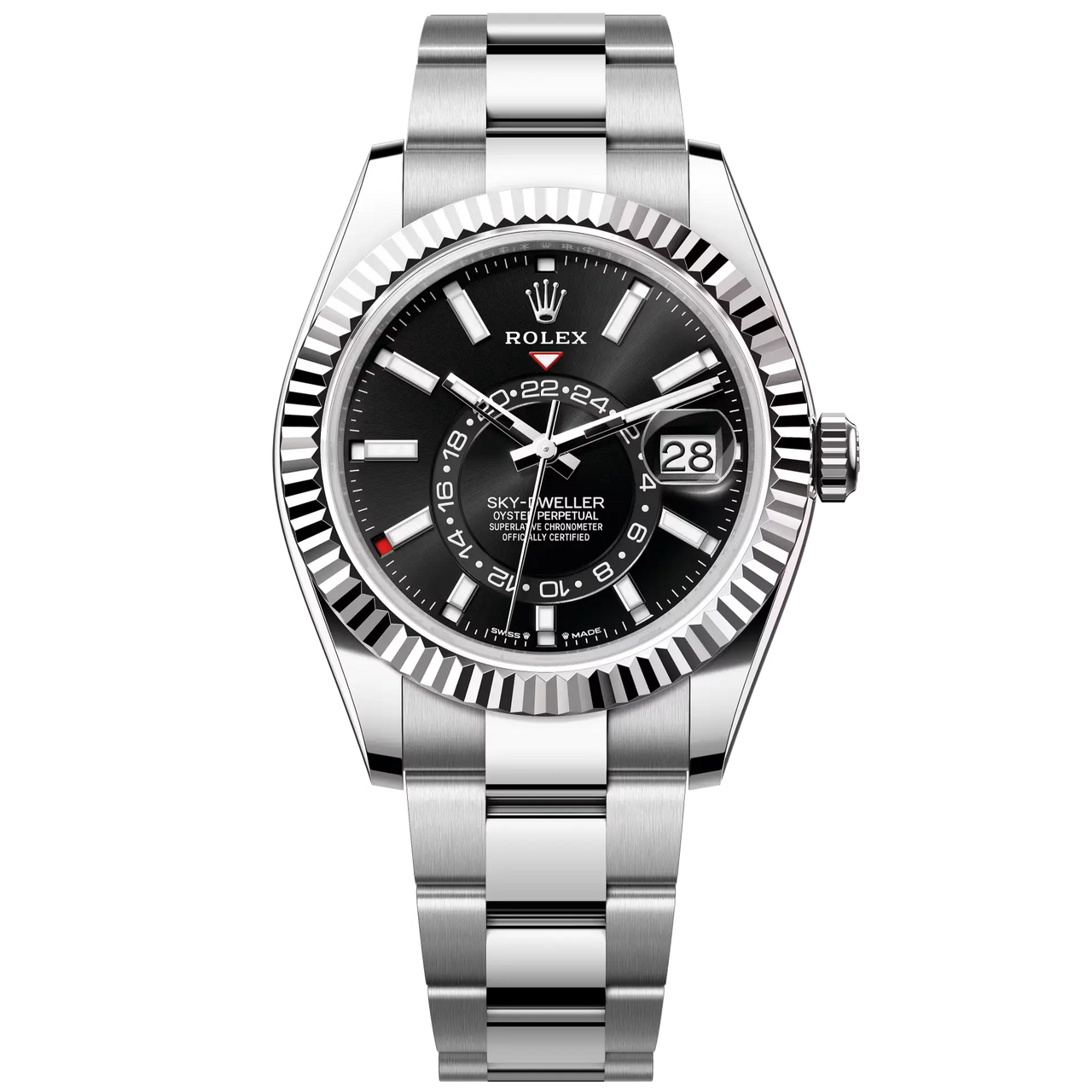 Sky-Dweller in Oystersteel and white gold with a bright black dial and an Oyster bracelet.