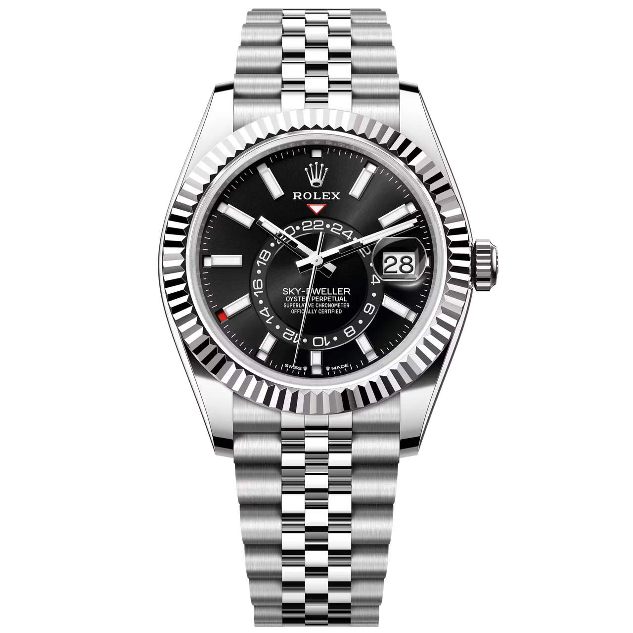Sky-Dweller in Oystersteel and white gold with a bright black dial and a Jubilee bracelet.