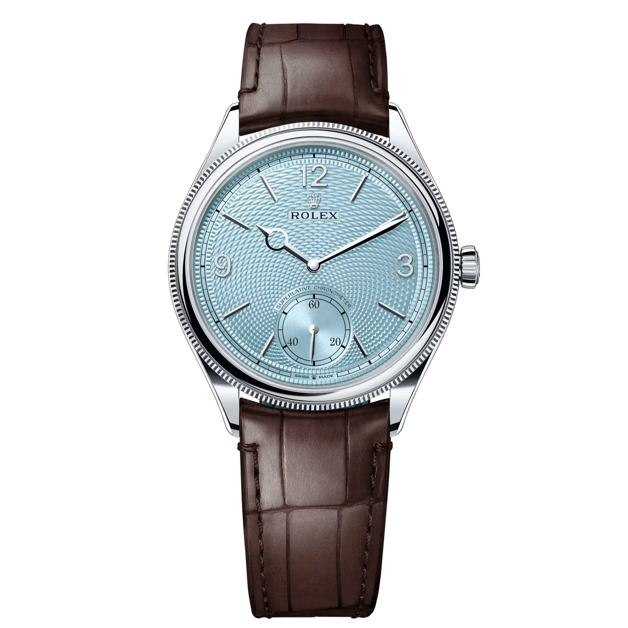 The Rolex Perpetual 1908 features a 39 mm case in platinum with an alligator leather strap.